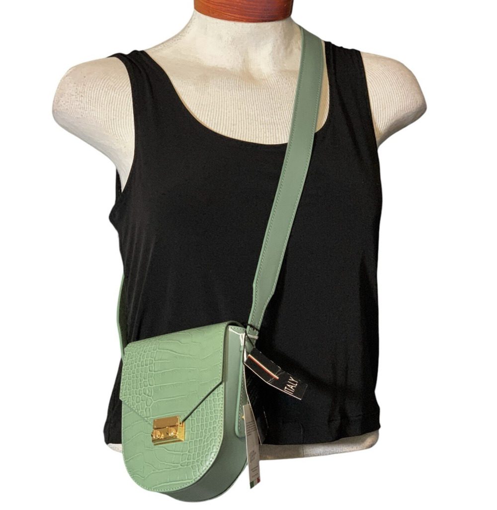 Isadora Leather Crossbody Bag Sage Green Embossed Adjustable Strap Italy NWT